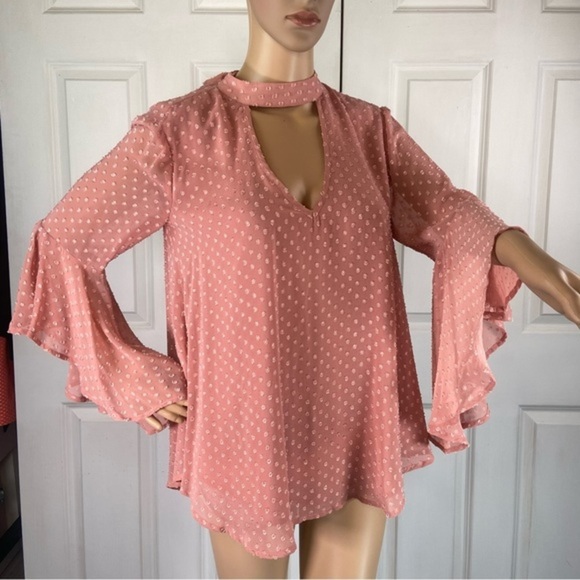 Band of Gypsies Floral Appliqué Bell Sleeve Sheer Blouse - Picture 5 of 17